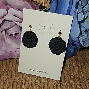 Black Floral Earrings Polymer Clay